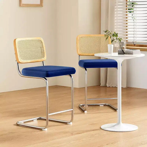 2 Sgabelli da Bar Altezza Bancone, Imbottiti in Velluto, con Schienale in Rattan, Altezza 61 cm, Senza Braccioli, per Isola Cucina, Blu Reale