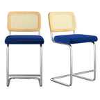 2 Sgabelli da Bar Altezza Bancone, Imbottiti in Velluto, con Schienale in Rattan, Altezza 61 cm, Senza Braccioli, per Isola Cucina, Blu Reale