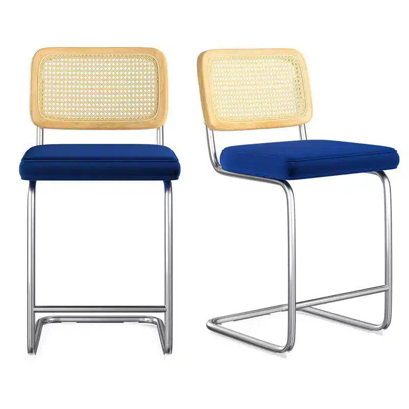 2 Sgabelli da Bar Altezza Bancone, Imbottiti in Velluto, con Schienale in Rattan, Altezza 61 cm, Senza Braccioli, per Isola Cucina, Blu Reale