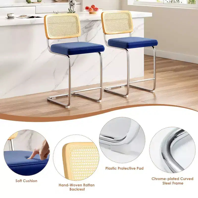 2 Sgabelli da Bar Altezza Bancone, Imbottiti in Velluto, con Schienale in Rattan, Altezza 61 cm, Senza Braccioli, per Isola Cucina, Blu Reale