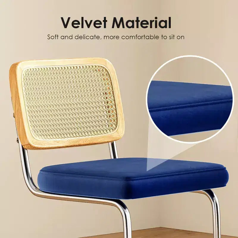 2 Sgabelli da Bar Altezza Bancone, Imbottiti in Velluto, con Schienale in Rattan, Altezza 61 cm, Senza Braccioli, per Isola Cucina, Blu Reale