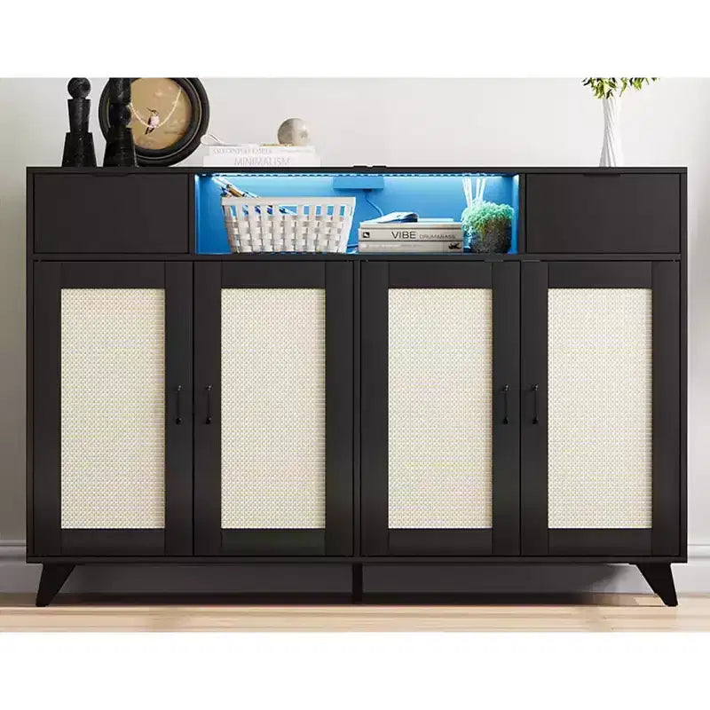 Credenza/Buffet in Rattan con 4 Ante e 2 Cassetti, Tavolo Consolle da Caffè con Presa Elettrica e Ripiani Regolabili