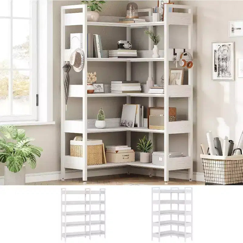 Libreria ad Angolo a 5 Ripiani con Ganci, Scaffale in Legno con Ripiani Aperti e Struttura in Metallo per Ufficio Domestico