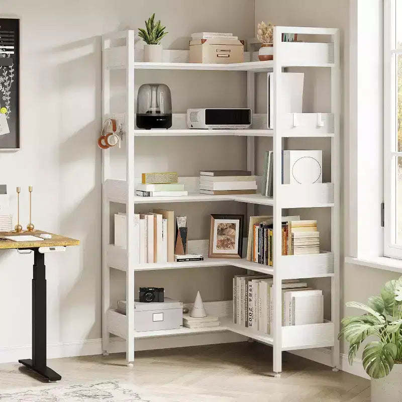 Libreria ad Angolo a 5 Ripiani con Ganci, Scaffale in Legno con Ripiani Aperti e Struttura in Metallo per Ufficio Domestico