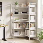 Libreria ad Angolo a 5 Ripiani con Ganci, Scaffale in Legno con Ripiani Aperti e Struttura in Metallo per Ufficio Domestico