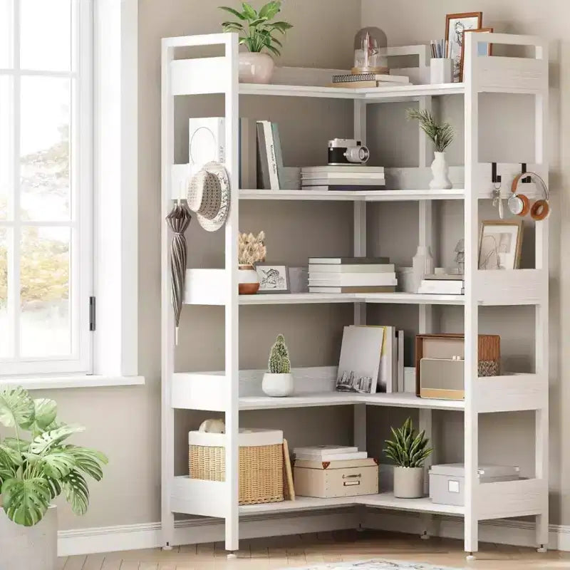 Libreria ad Angolo a 5 Ripiani con Ganci, Scaffale in Legno con Ripiani Aperti e Struttura in Metallo per Ufficio Domestico