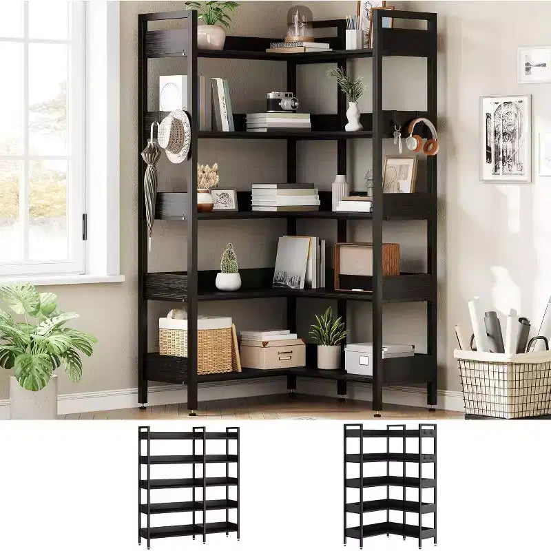 Libreria ad Angolo a 5 Ripiani con Ganci, Scaffale in Legno con Ripiani Aperti e Struttura in Metallo per Ufficio Domestico