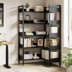 Libreria ad Angolo a 5 Ripiani con Ganci, Scaffale in Legno con Ripiani Aperti e Struttura in Metallo per Ufficio Domestico