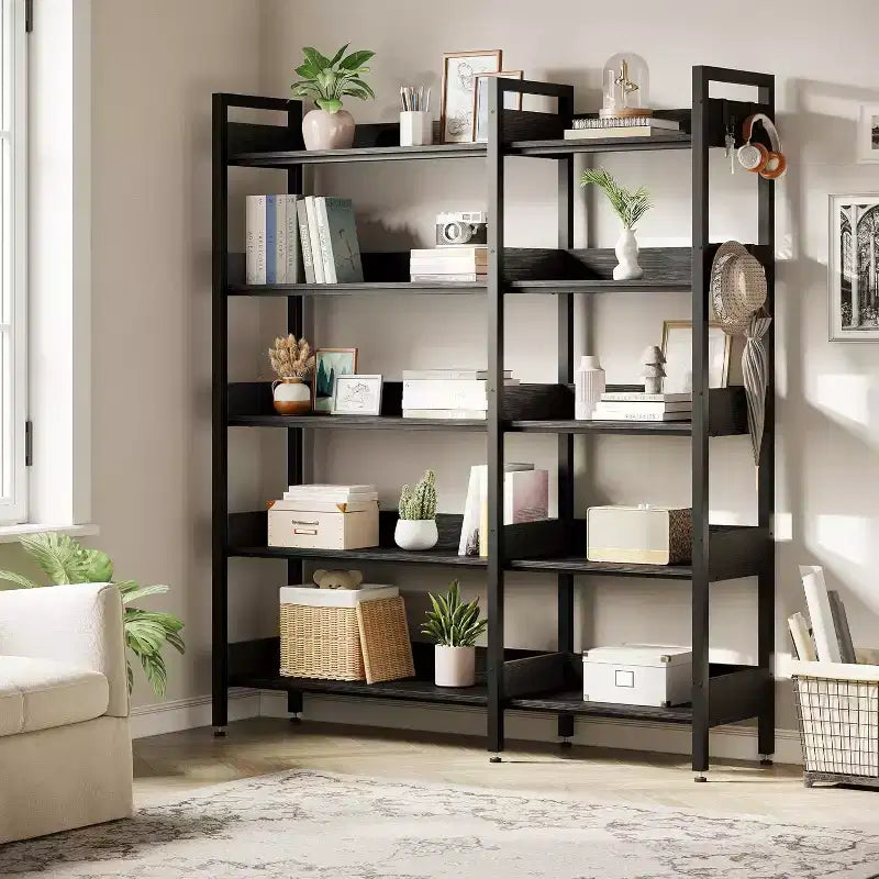 Libreria ad Angolo a 5 Ripiani con Ganci, Scaffale in Legno con Ripiani Aperti e Struttura in Metallo per Ufficio Domestico