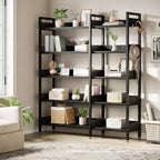 Libreria ad Angolo a 5 Ripiani con Ganci, Scaffale in Legno con Ripiani Aperti e Struttura in Metallo per Ufficio Domestico