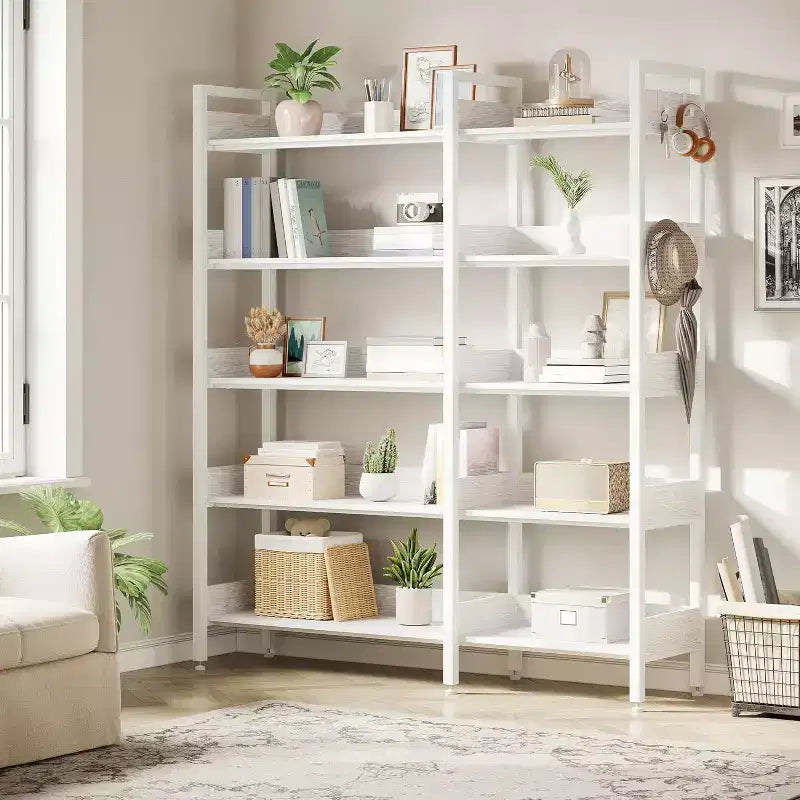 Libreria ad Angolo a 5 Ripiani con Ganci, Scaffale in Legno con Ripiani Aperti e Struttura in Metallo per Ufficio Domestico