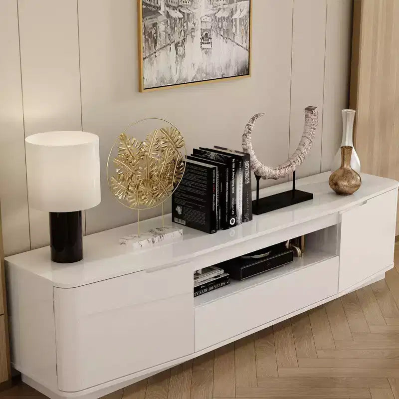 Mobile TV bianco lucido con angoli arrotondati - Console multimediale moderna per soggiorno