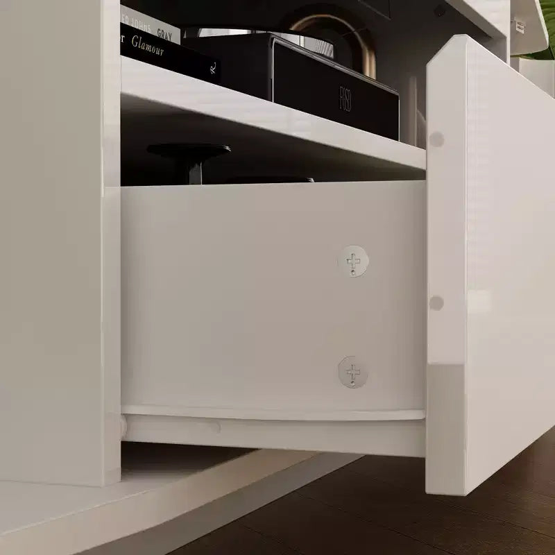 Mobile TV bianco lucido con angoli arrotondati - Console multimediale moderna per soggiorno