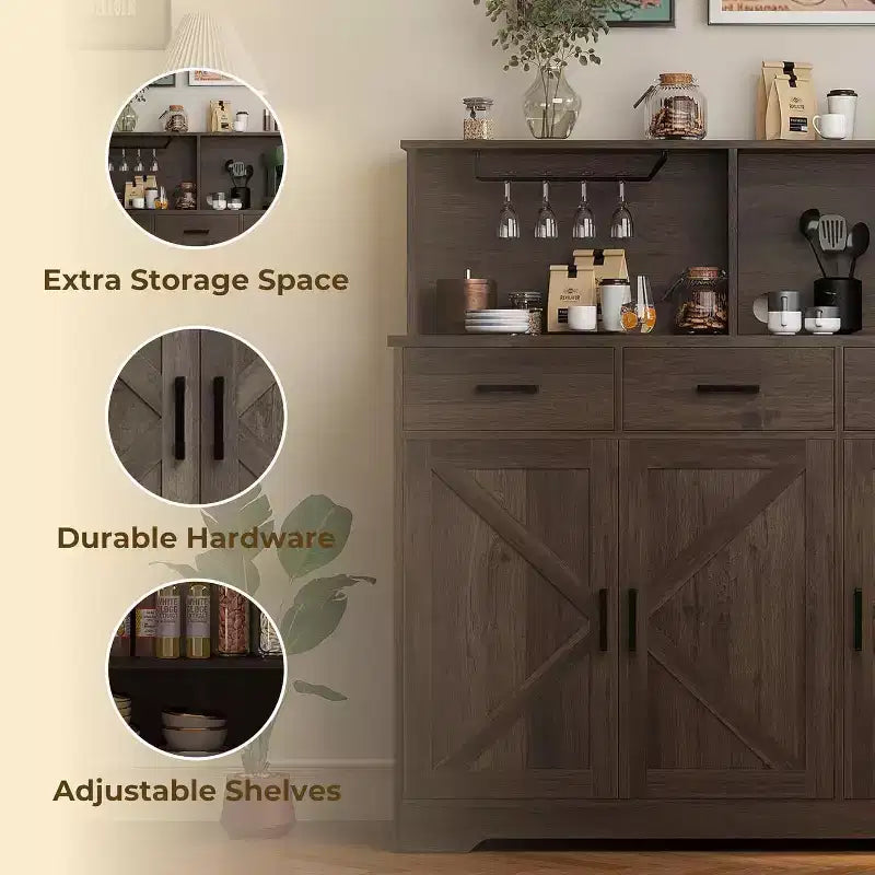 Credenza a Buffet in Stile Rustico con Porta Microonde, Armadio Contenitore con Ante a Stalla, Cassetti e Ripiani Regolabili, Mobile Bar per Caffè in Legno