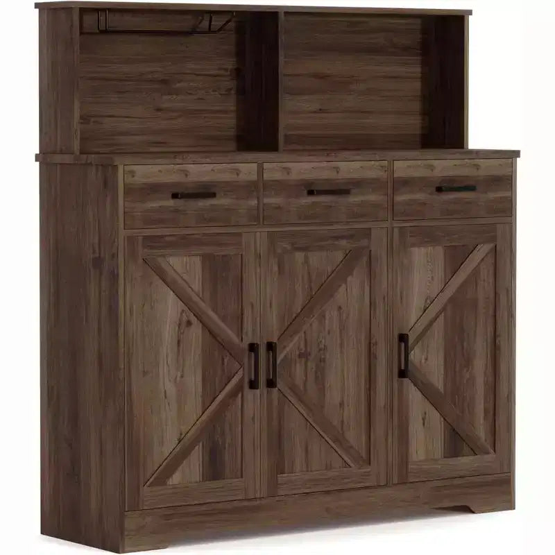 Credenza a Buffet in Stile Rustico con Porta Microonde, Armadio Contenitore con Ante a Stalla, Cassetti e Ripiani Regolabili, Mobile Bar per Caffè in Legno