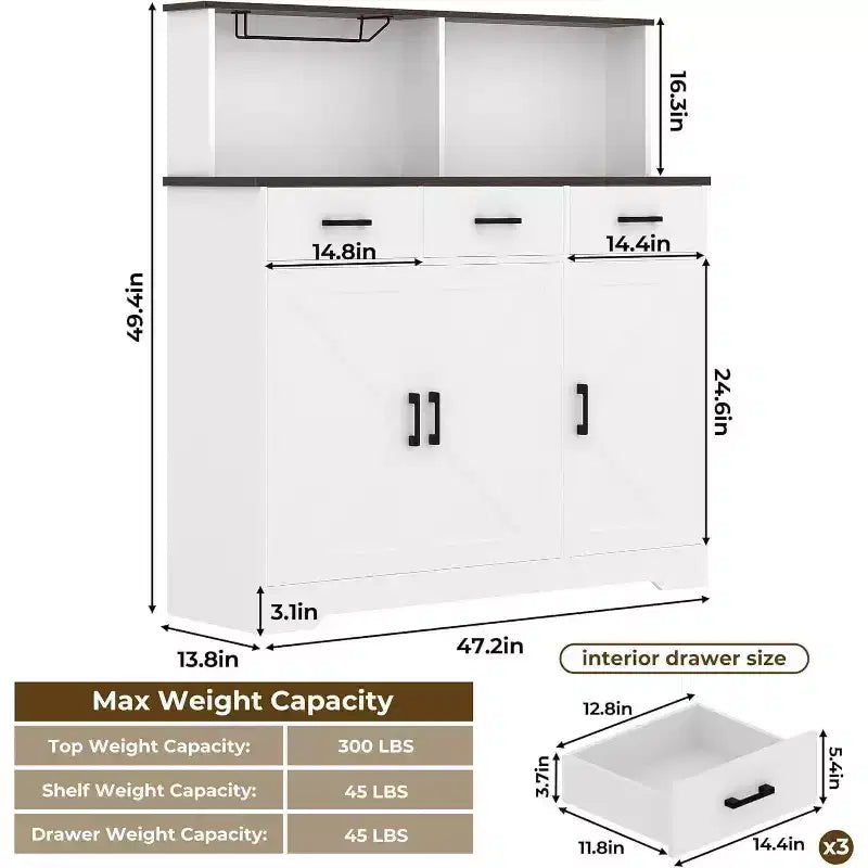 Credenza a Buffet in Stile Rustico con Porta Microonde, Armadio Contenitore con Ante a Stalla, Cassetti e Ripiani Regolabili, Mobile Bar per Caffè in Legno