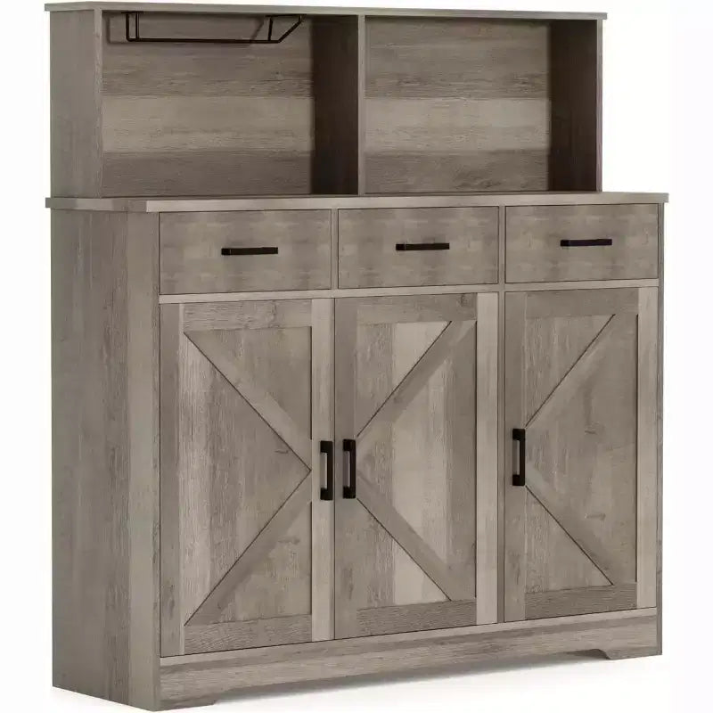 Credenza a Buffet in Stile Rustico con Porta Microonde, Armadio Contenitore con Ante a Stalla, Cassetti e Ripiani Regolabili, Mobile Bar per Caffè in Legno