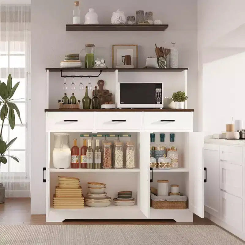 Credenza a Buffet in Stile Rustico con Porta Microonde, Armadio Contenitore con Ante a Stalla, Cassetti e Ripiani Regolabili, Mobile Bar per Caffè in Legno