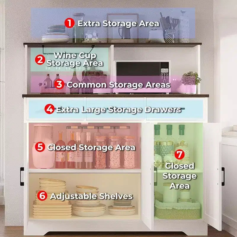 Credenza a Buffet in Stile Rustico con Porta Microonde, Armadio Contenitore con Ante a Stalla, Cassetti e Ripiani Regolabili, Mobile Bar per Caffè in Legno