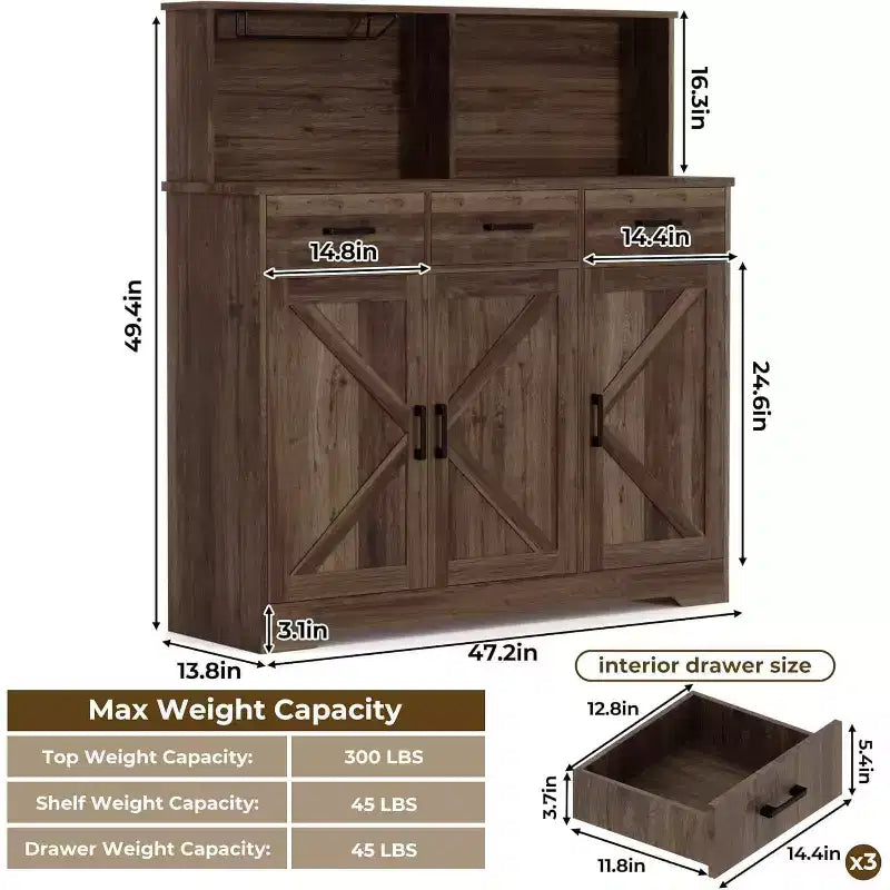 Credenza a Buffet in Stile Rustico con Porta Microonde, Armadio Contenitore con Ante a Stalla, Cassetti e Ripiani Regolabili, Mobile Bar per Caffè in Legno