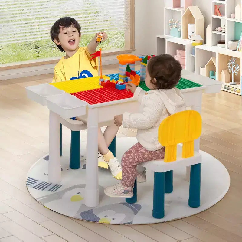 Set Tavolo Attività per Bambini con 2 Sedie e 100 Mattoncini Grandi, Compatibile con Mattoncini Classici, Tavolo per Acqua/Sabbia e Costruzioni per Bambini Piccoli (Primario)