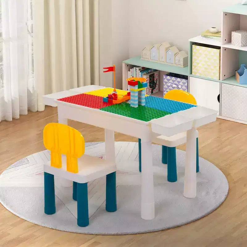 Set Tavolo Attività per Bambini con 2 Sedie e 100 Mattoncini Grandi, Compatibile con Mattoncini Classici, Tavolo per Acqua/Sabbia e Costruzioni per Bambini Piccoli (Primario)