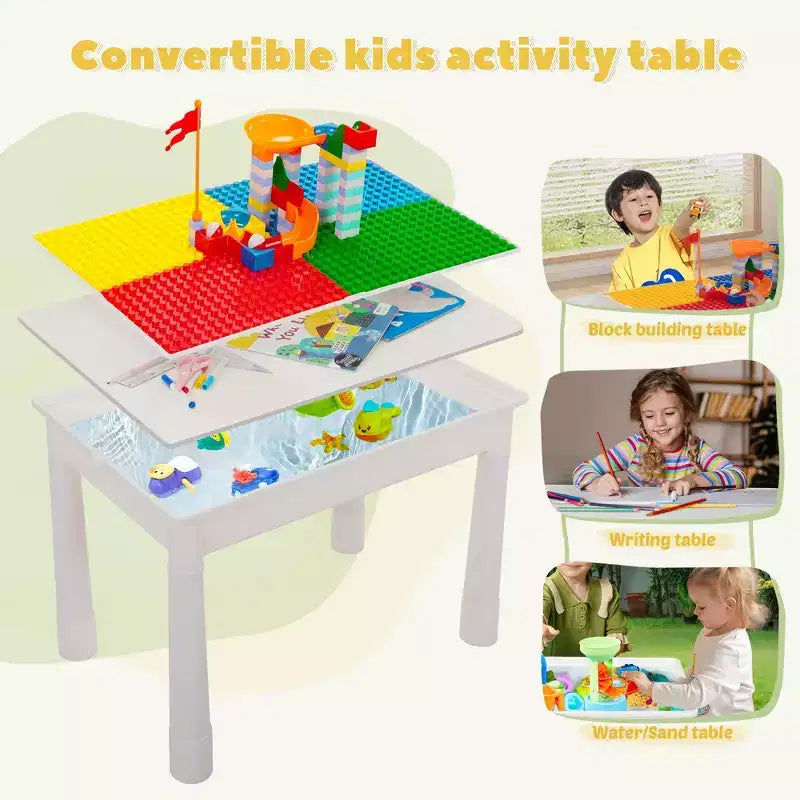 Set Tavolo Attività per Bambini con 2 Sedie e 100 Mattoncini Grandi, Compatibile con Mattoncini Classici, Tavolo per Acqua/Sabbia e Costruzioni per Bambini Piccoli (Primario)