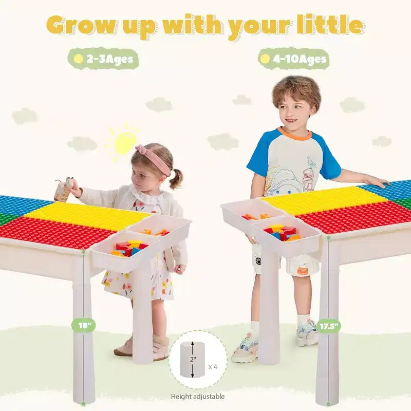 Set Tavolo Attività per Bambini con 2 Sedie e 100 Mattoncini Grandi, Compatibile con Mattoncini Classici, Tavolo per Acqua/Sabbia e Costruzioni per Bambini Piccoli (Primario)