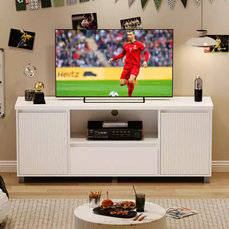 Mobile TV Moderno Scanalato, per TV da 60/65/70 pollici, Centro di Intrattenimento TV con Cassetto, 2 Armadietti e Ripiano Aperto, per Soggiorno, Camera da Letto
