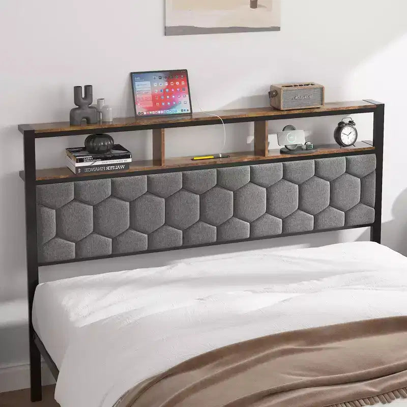 Telaio letto a piattaforma in legno matrimoniale/queen/king size con testiera imbottita, 2 porte USB, ampio contenitore sotto il letto, silenzioso, non necessita di box spring, marrone