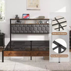Telaio letto a piattaforma in legno matrimoniale/queen/king size con testiera imbottita, 2 porte USB, ampio contenitore sotto il letto, silenzioso, non necessita di box spring, marrone