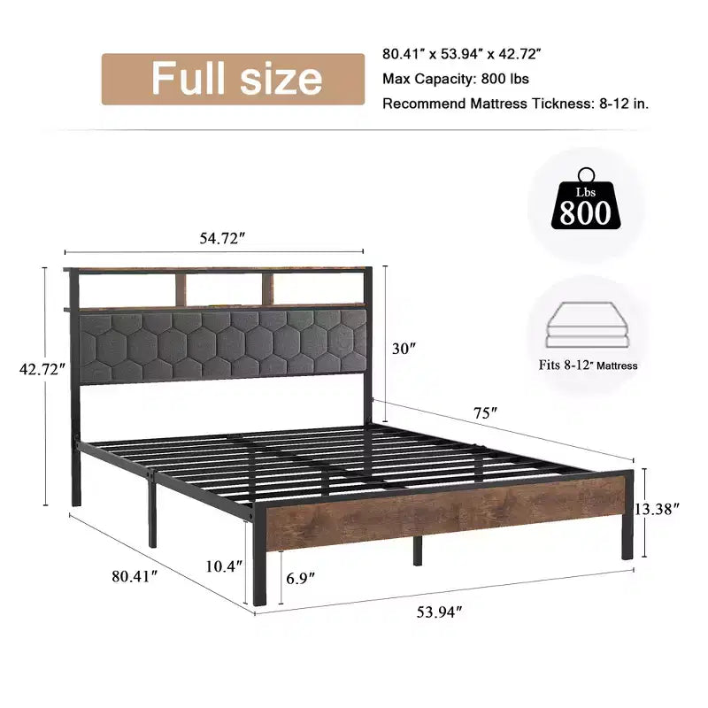 Telaio letto a piattaforma in legno matrimoniale/queen/king size con testiera imbottita, 2 porte USB, ampio contenitore sotto il letto, silenzioso, non necessita di box spring, marrone