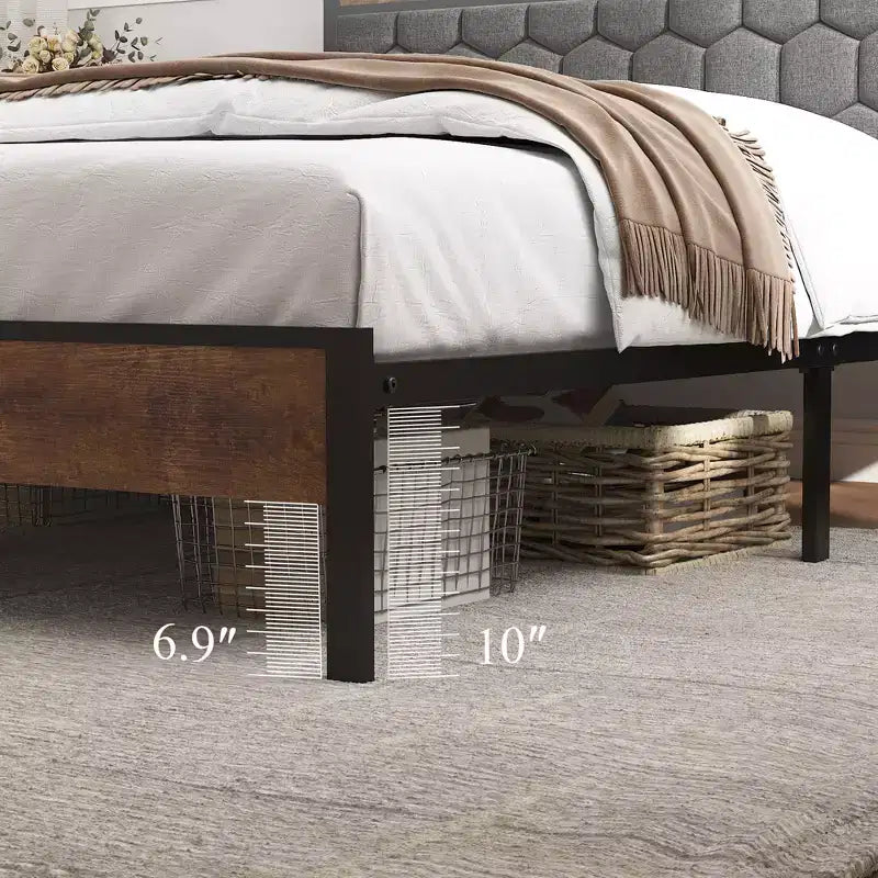 Telaio letto a piattaforma in legno matrimoniale/queen/king size con testiera imbottita, 2 porte USB, ampio contenitore sotto il letto, silenzioso, non necessita di box spring, marrone