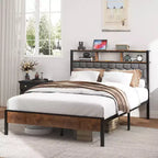 Telaio letto a piattaforma in legno matrimoniale/queen/king size con testiera imbottita, 2 porte USB, ampio contenitore sotto il letto, silenzioso, non necessita di box spring, marrone