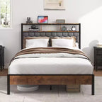 Telaio letto a piattaforma in legno matrimoniale/queen/king size con testiera imbottita, 2 porte USB, ampio contenitore sotto il letto, silenzioso, non necessita di box spring, marrone