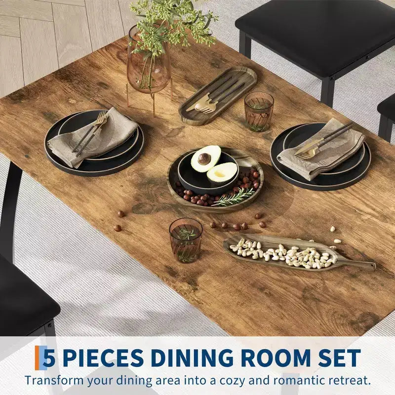 Set da pranzo da 5 pezzi per 4 persone, tavolo da cucina moderno con sedie imbottite e struttura in ferro, set di mobili da sala da pranzo in legno per piccoli spazi