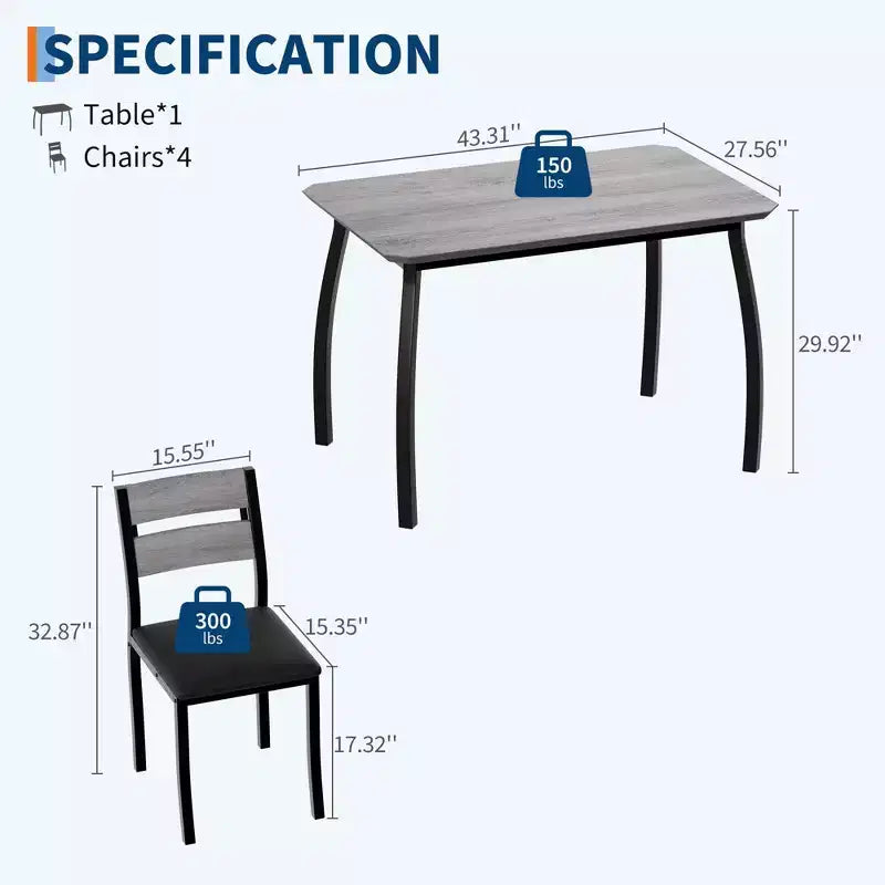 Set da pranzo da 5 pezzi per 4 persone, tavolo da cucina moderno con sedie imbottite e struttura in ferro, set di mobili da sala da pranzo in legno per piccoli spazi