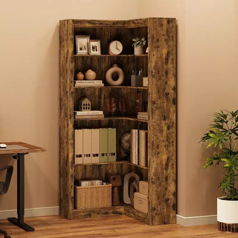 Libreria angolare da 71,8'', libreria stile rustico, libreria a forma di L, scaffale espositivo a 5 ripiani, librerie robuste con contenitore per ufficio e soggiorno