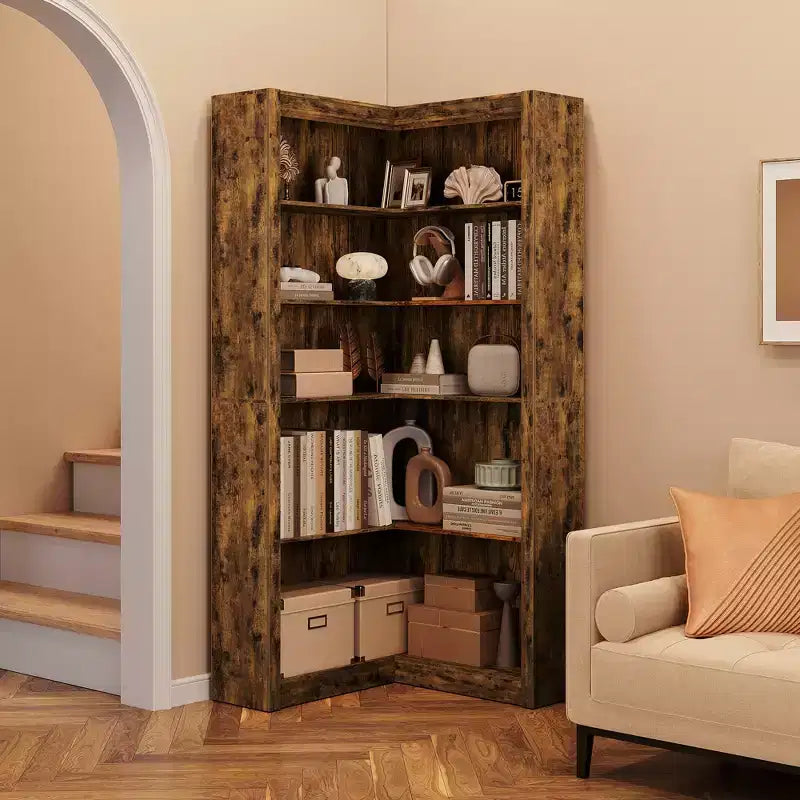 Libreria angolare da 71,8'', libreria stile rustico, libreria a forma di L, scaffale espositivo a 5 ripiani, librerie robuste con contenitore per ufficio e soggiorno