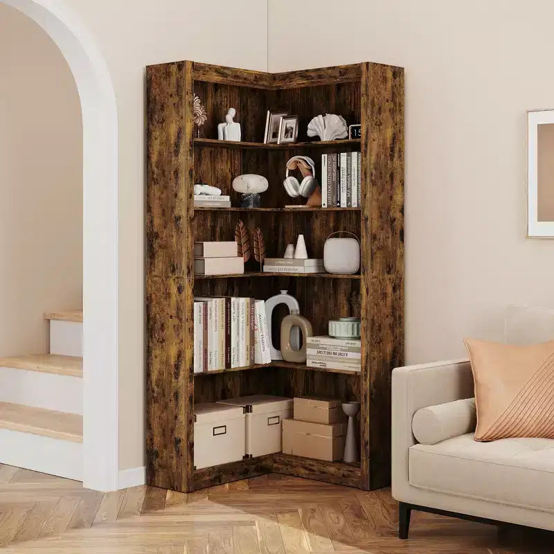 Libreria angolare da 71,8'', libreria stile rustico, libreria a forma di L, scaffale espositivo a 5 ripiani, librerie robuste con contenitore per ufficio e soggiorno