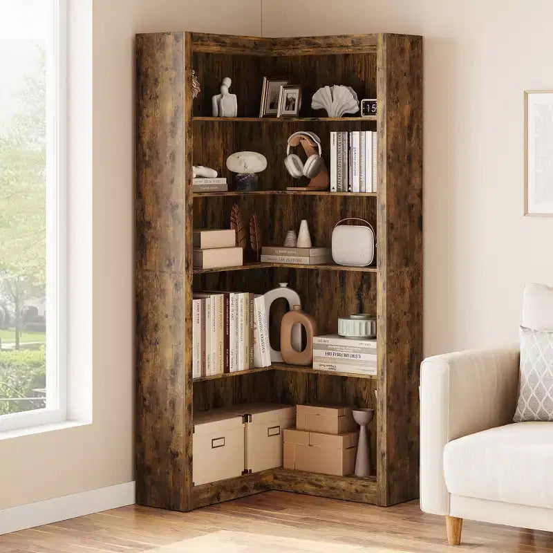 Libreria angolare da 71,8'', libreria stile rustico, libreria a forma di L, scaffale espositivo a 5 ripiani, librerie robuste con contenitore per ufficio e soggiorno