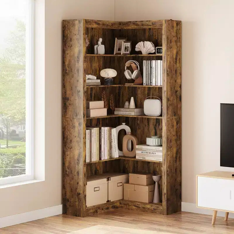 Libreria angolare da 71,8'', libreria stile rustico, libreria a forma di L, scaffale espositivo a 5 ripiani, librerie robuste con contenitore per ufficio e soggiorno