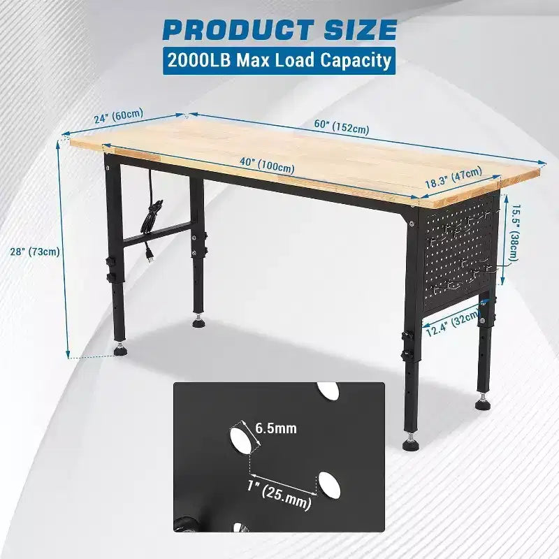 Banco da Lavoro 48x24 per Carichi Pesanti, Piano in Legno di Gomma, Pannello Forato, Presa di Corrente, Ruote Bloccabili, Altezza Regolabile, 907kg per Garage e Officina