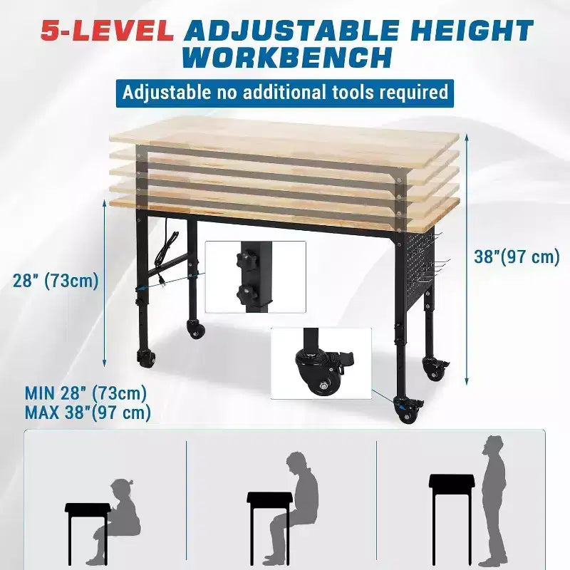 Banco da Lavoro 48x24 per Carichi Pesanti, Piano in Legno di Gomma, Pannello Forato, Presa di Corrente, Ruote Bloccabili, Altezza Regolabile, 907kg per Garage e Officina