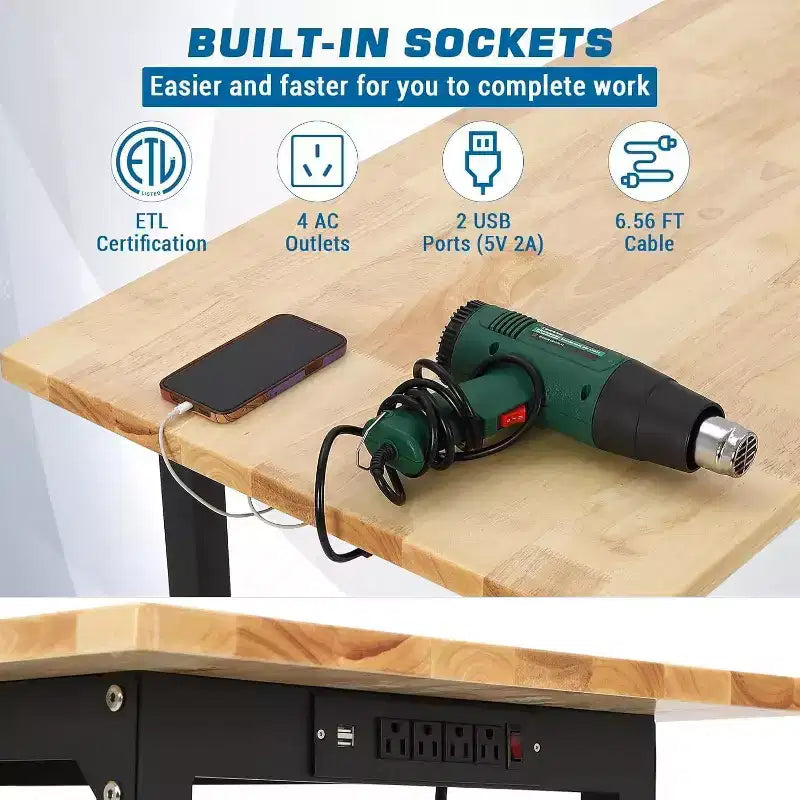 Banco da Lavoro 48x24 per Carichi Pesanti, Piano in Legno di Gomma, Pannello Forato, Presa di Corrente, Ruote Bloccabili, Altezza Regolabile, 907kg per Garage e Officina