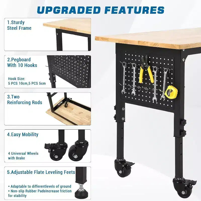 Banco da Lavoro 48x24 per Carichi Pesanti, Piano in Legno di Gomma, Pannello Forato, Presa di Corrente, Ruote Bloccabili, Altezza Regolabile, 907kg per Garage e Officina