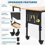 Banco da Lavoro 48x24 per Carichi Pesanti, Piano in Legno di Gomma, Pannello Forato, Presa di Corrente, Ruote Bloccabili, Altezza Regolabile, 907kg per Garage e Officina