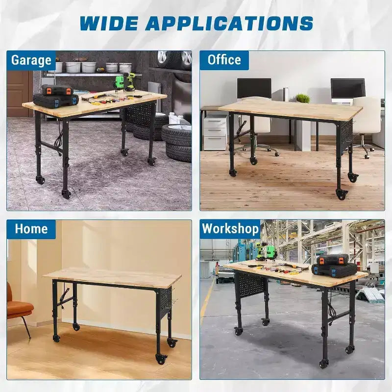Banco da Lavoro 48x24 per Carichi Pesanti, Piano in Legno di Gomma, Pannello Forato, Presa di Corrente, Ruote Bloccabili, Altezza Regolabile, 907kg per Garage e Officina