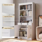 Libreria e scaffale alti 71", con cassetto, 5 ripiani bianchi con ante, ripiano regolabile, armadietti portaoggetti in legno