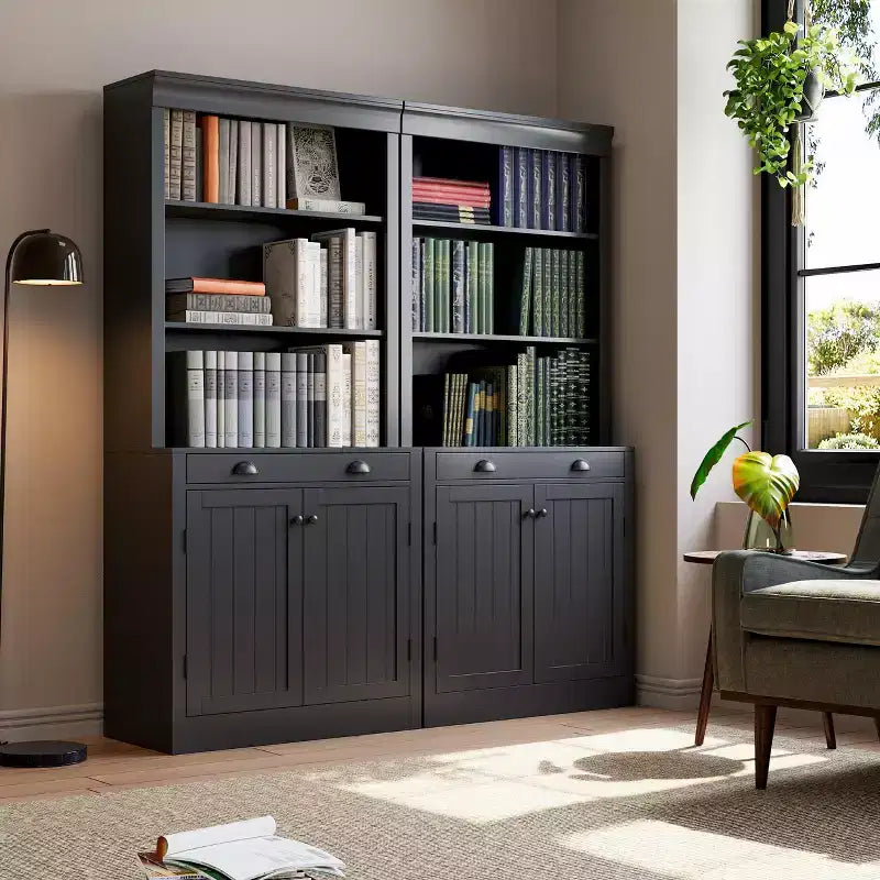 Libreria e scaffale alti 71", con cassetto, 5 ripiani bianchi con ante, ripiano regolabile, armadietti portaoggetti in legno